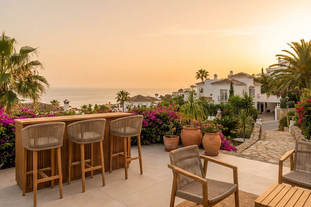 Outdoor Bar Furniture setup on a Mediterranean terrace in Benalmádena, Costa del Sol