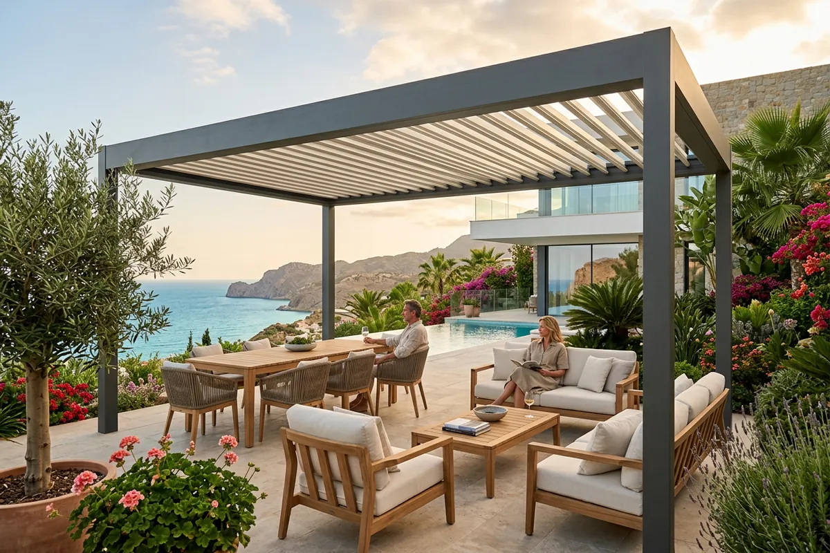 Bioclimatic Pergolas setup on a Mediterranean terrace in Benalmádena, Costa del Sol