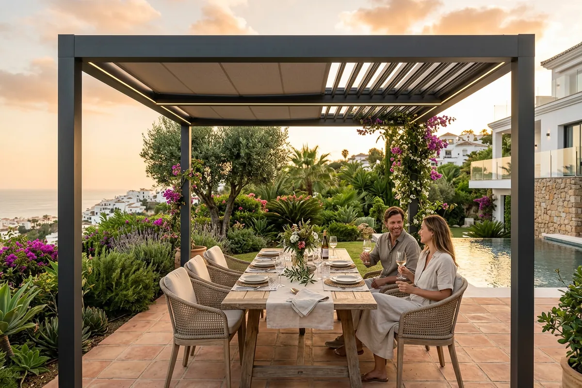 Fixed Pergolas setup on a Mediterranean terrace in Benalmádena, Costa del Sol