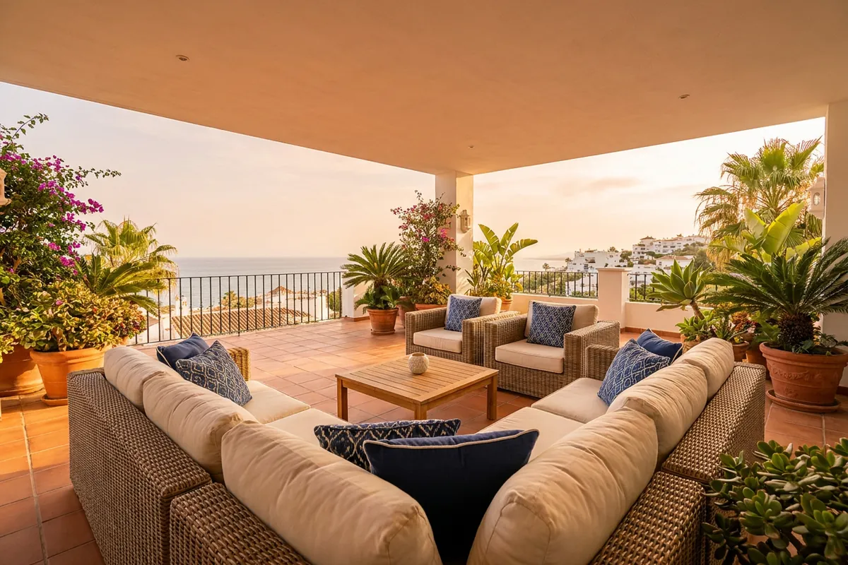 Outdoor Cushions & Textiles setup on a Mediterranean terrace in Benalmádena, Costa del Sol