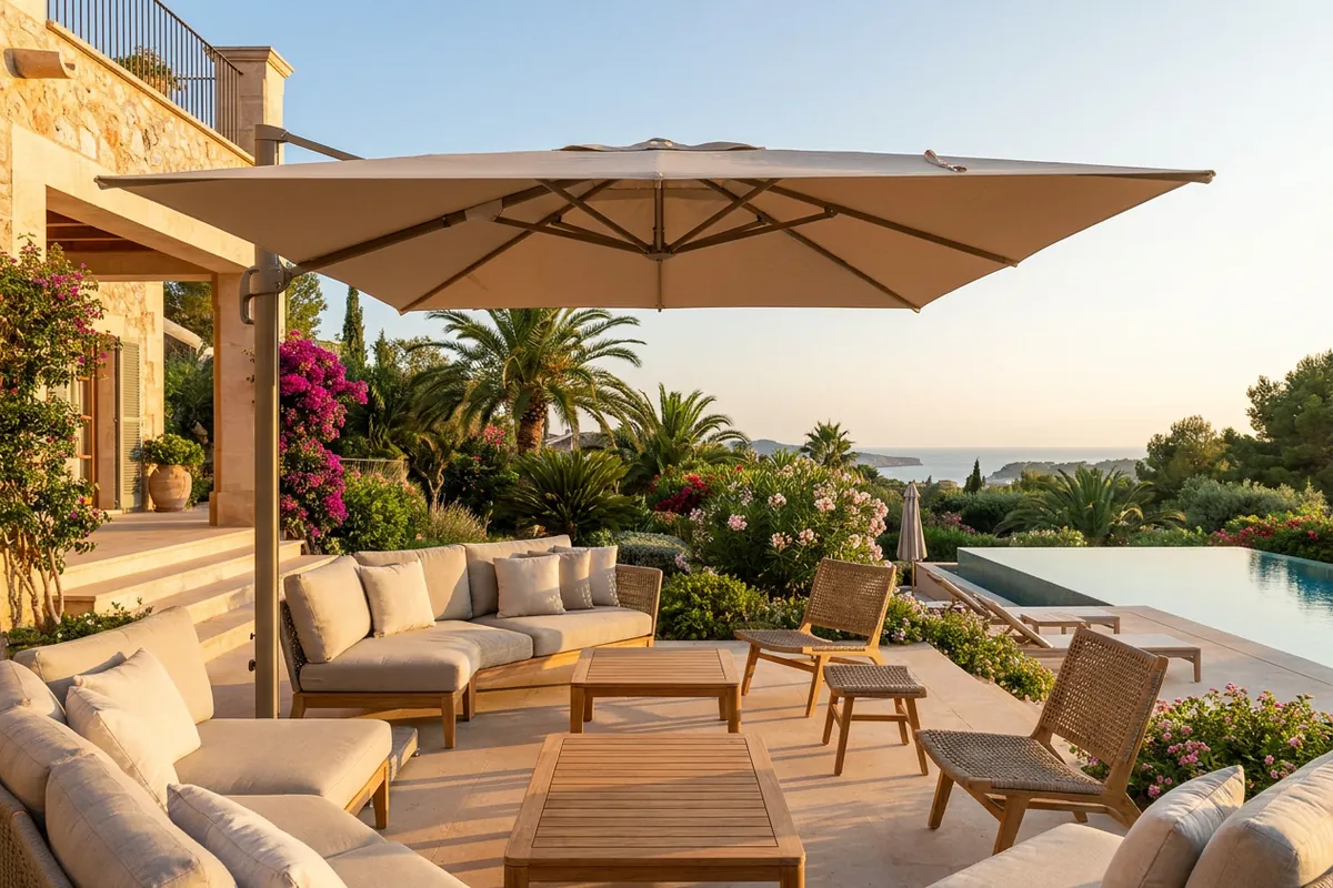 Parasols & Shade Sails setup on a Mediterranean terrace in Benalmádena, Costa del Sol
