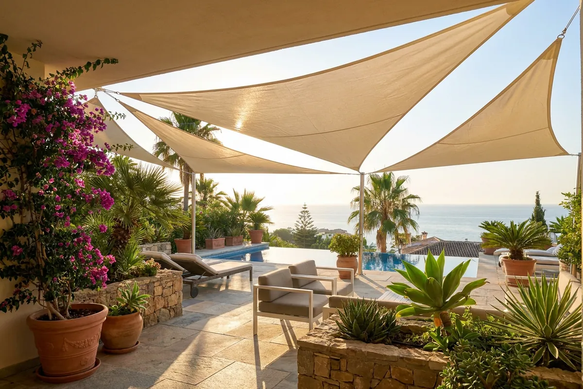 Shade Sails setup on a Mediterranean terrace in Benalmádena, Costa del Sol