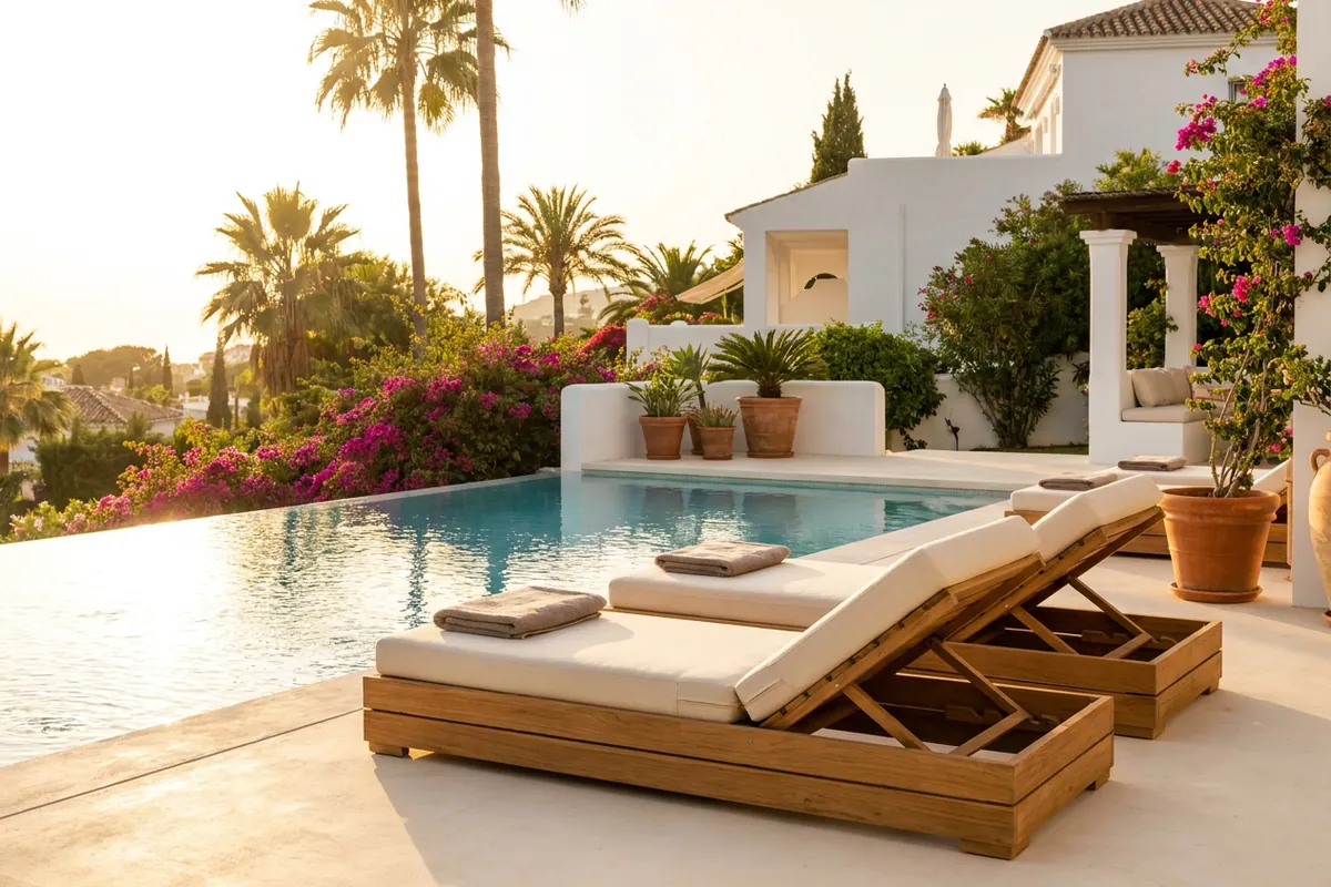 Sun Loungers & Daybeds setup on a Mediterranean terrace in Benalmádena, Costa del Sol