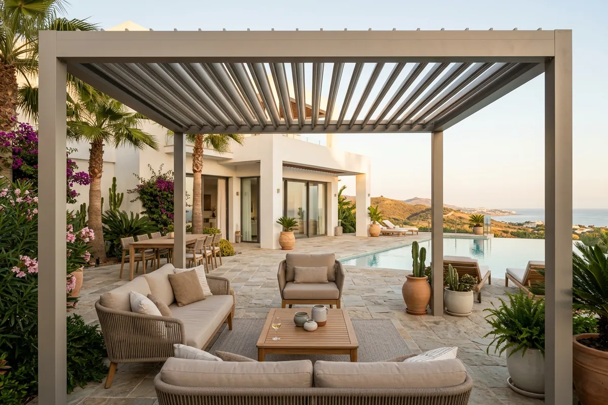 Bioclimatic Pergolas setup on a Mediterranean terrace in Estepona, Costa del Sol