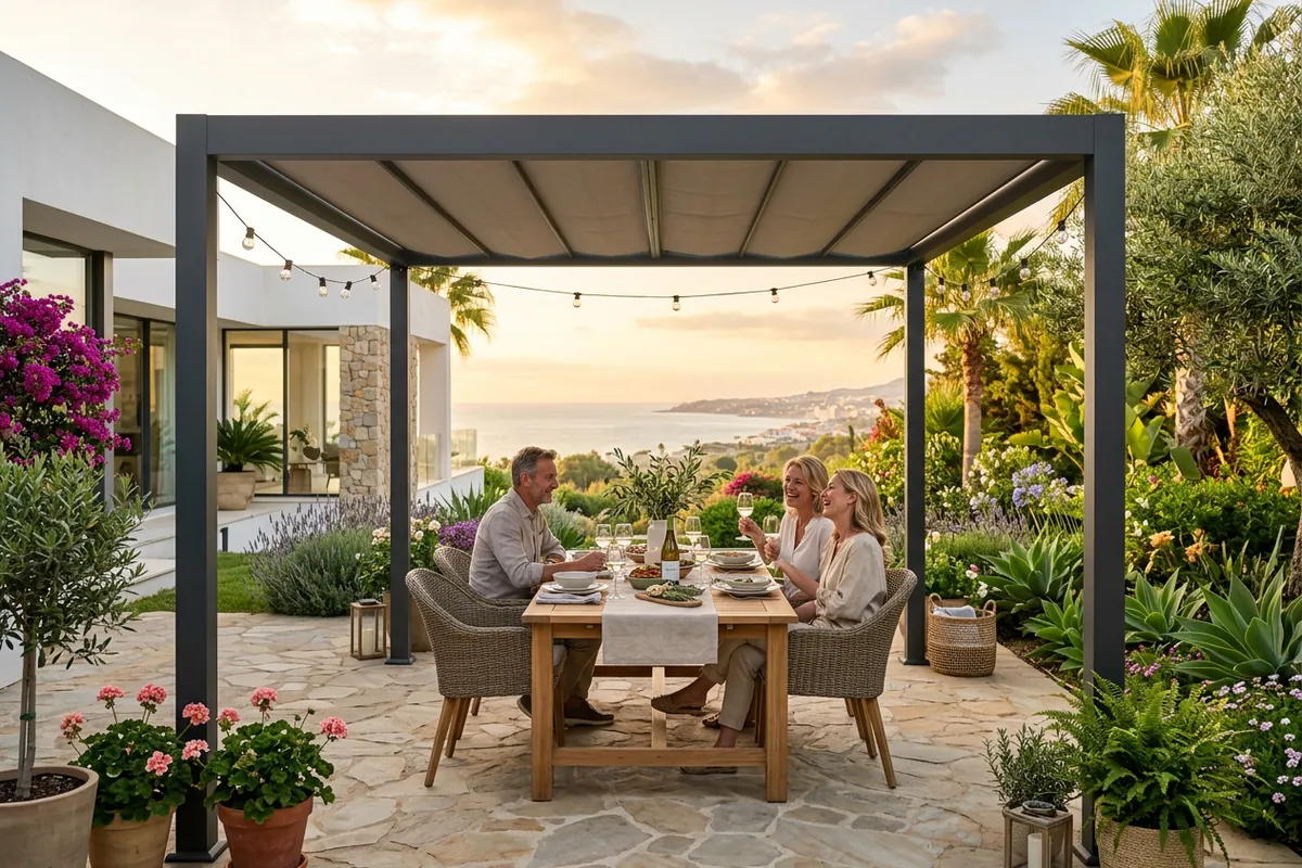 Fixed Pergolas setup on a Mediterranean terrace in Estepona, Costa del Sol