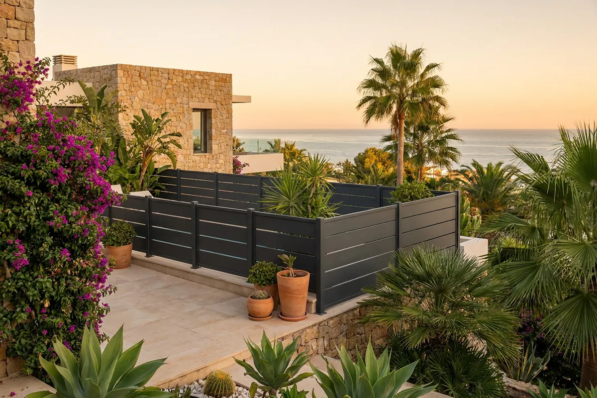 Garden Fencing & Privacy Screens setup on a Mediterranean terrace in Estepona, Costa del Sol