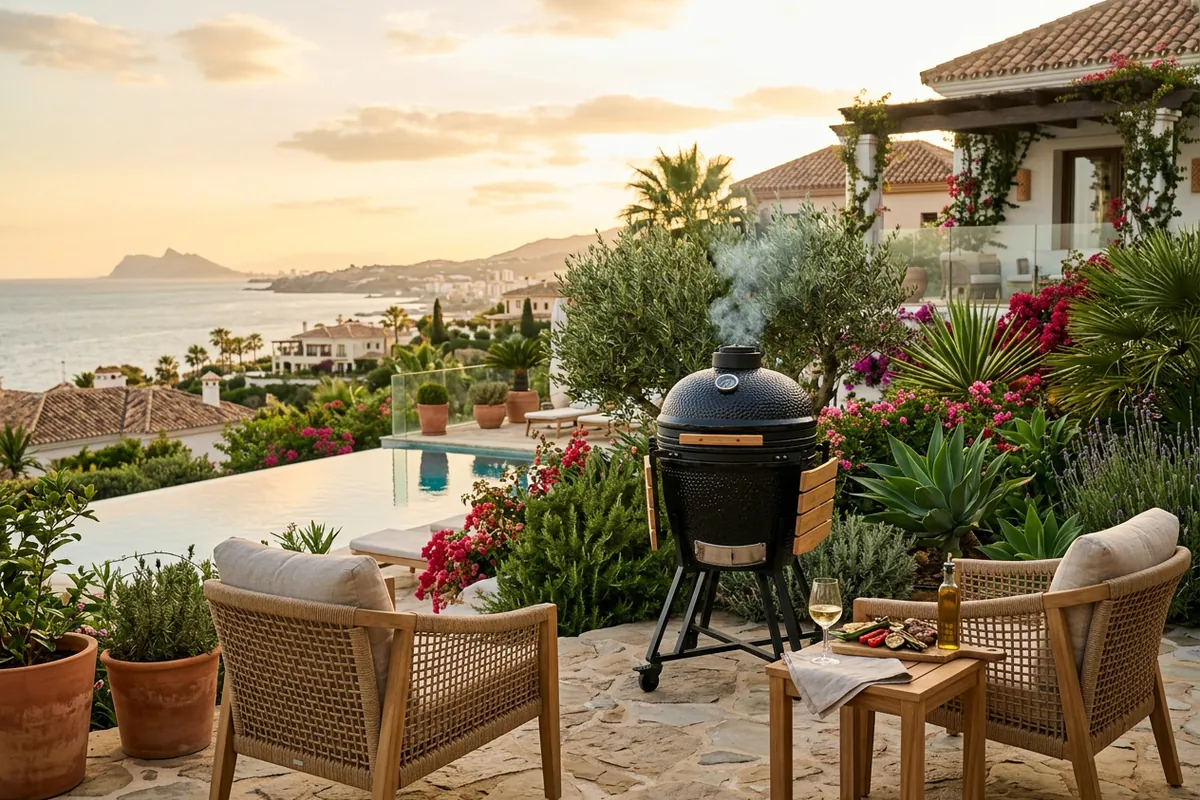 Kamado BBQs setup on a Mediterranean terrace in Estepona, Costa del Sol