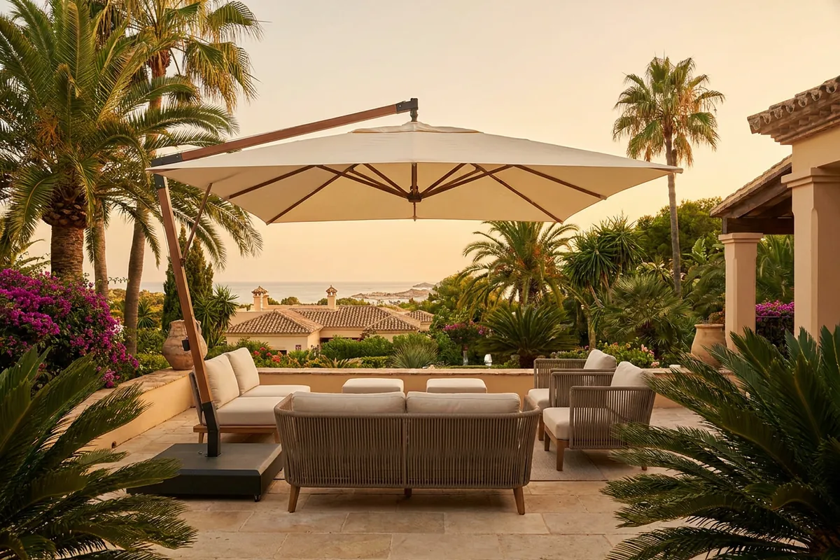 Parasols & Shade Sails setup on a Mediterranean terrace in Estepona, Costa del Sol