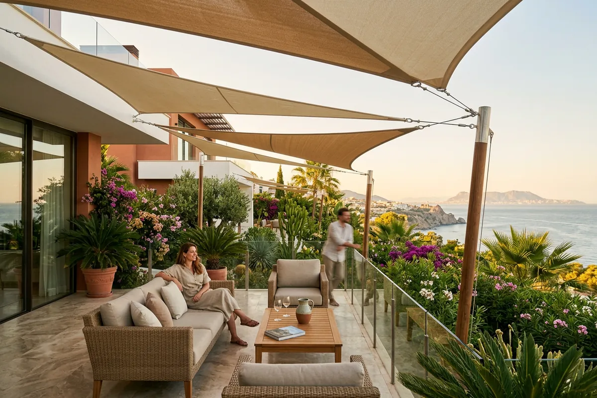 Shade Sails setup on a Mediterranean terrace in Estepona, Costa del Sol