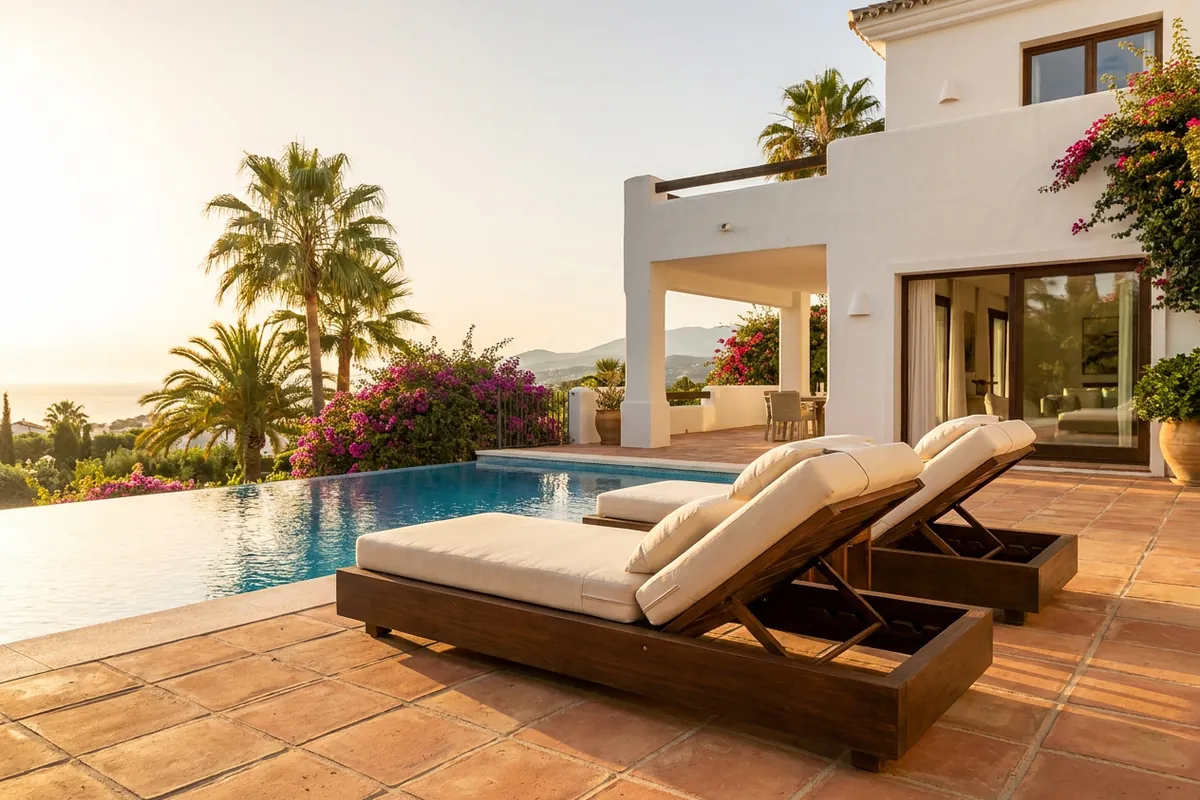Sun Loungers & Daybeds setup on a Mediterranean terrace in Estepona, Costa del Sol