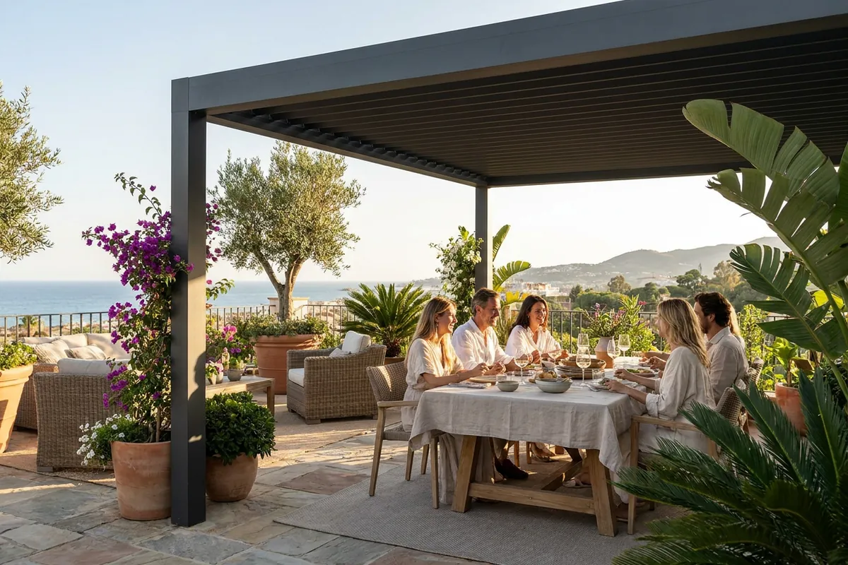 Fixed Pergolas setup on a Mediterranean terrace in Fuengirola, Costa del Sol