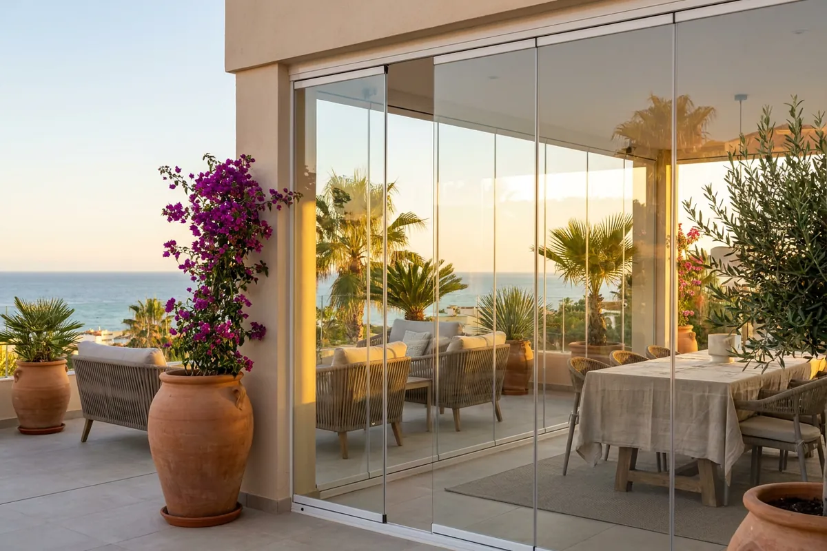 Glass Curtains & Glass Rooms setup on a Mediterranean terrace in Fuengirola, Costa del Sol