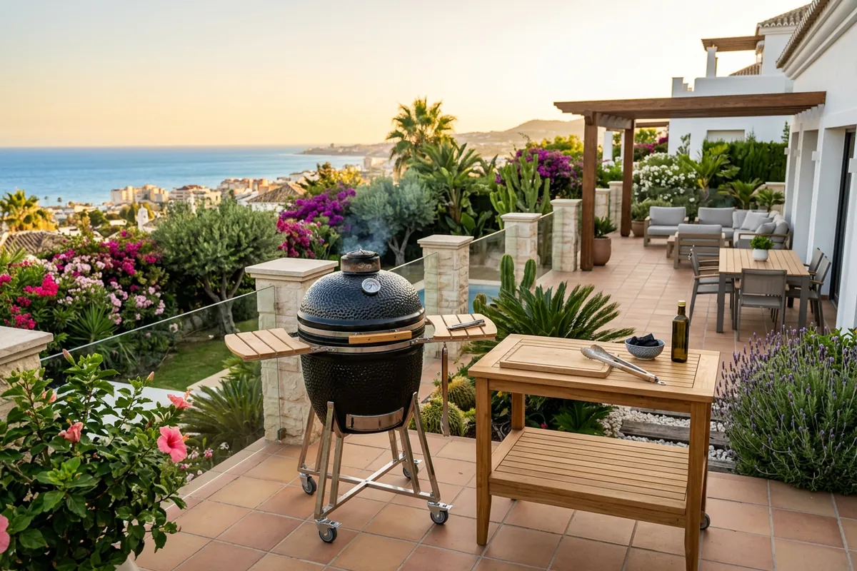 Kamado BBQs setup on a Mediterranean terrace in Fuengirola, Costa del Sol