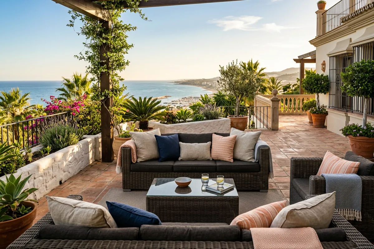 Outdoor Cushions & Textiles setup on a Mediterranean terrace in Fuengirola, Costa del Sol