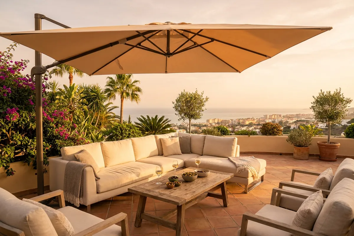Parasols & Shade Sails setup on a Mediterranean terrace in Fuengirola, Costa del Sol