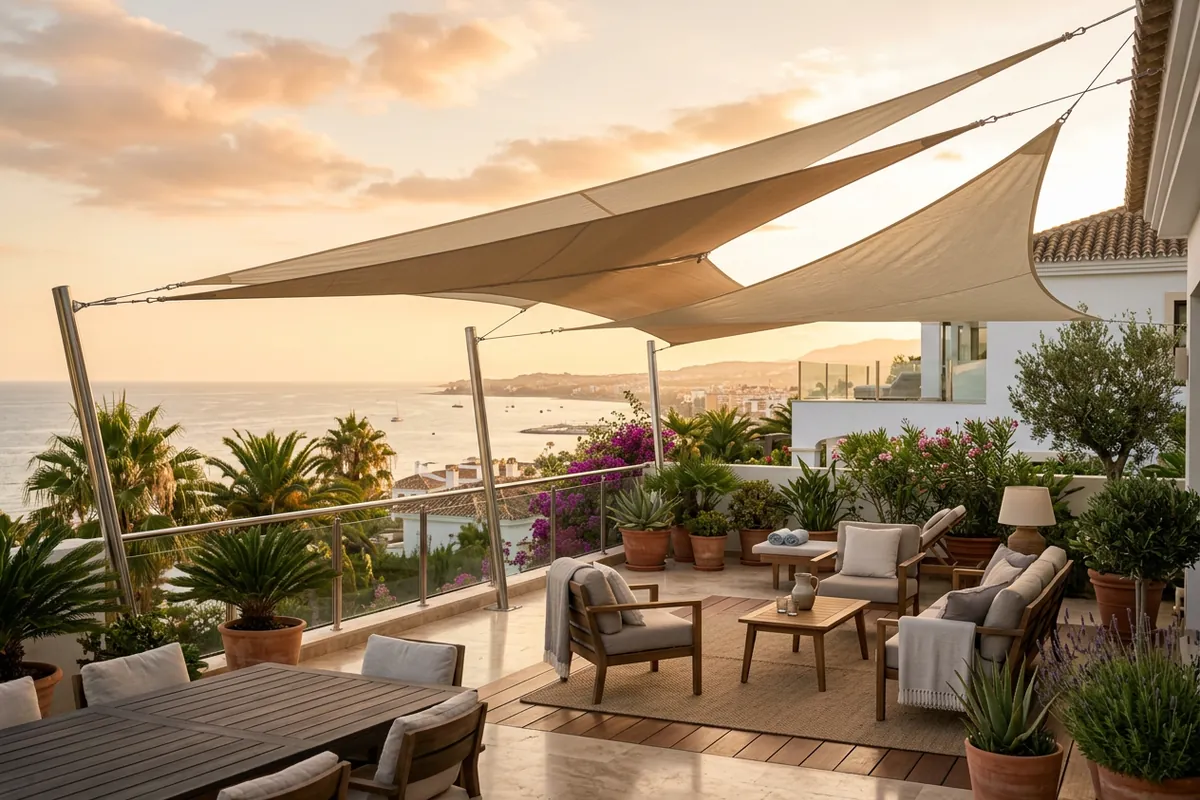 Shade Sails setup on a Mediterranean terrace in Fuengirola, Costa del Sol