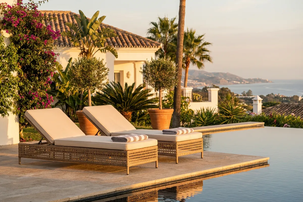 Sun Loungers & Daybeds setup on a Mediterranean terrace in Fuengirola, Costa del Sol