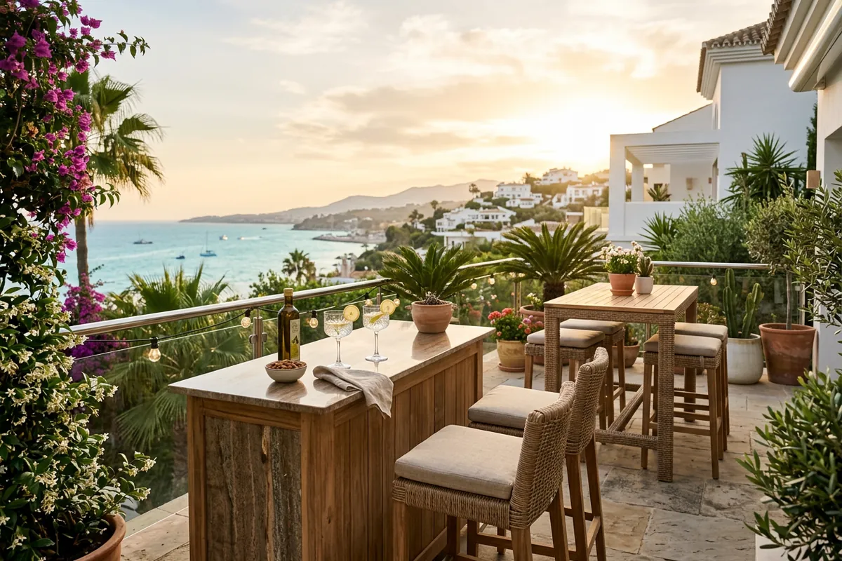 Outdoor Bar Furniture setup on a Mediterranean terrace in Málaga, Costa del Sol
