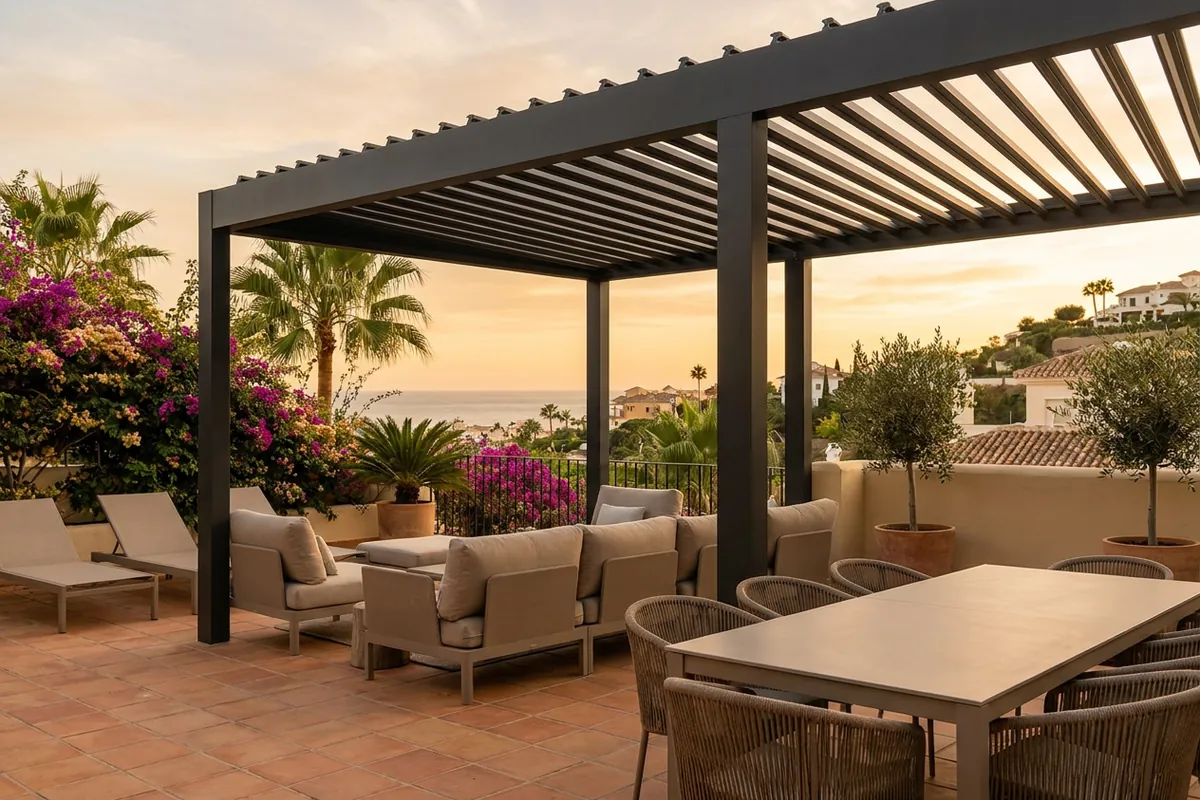 Bioclimatic Pergolas setup on a Mediterranean terrace in Málaga, Costa del Sol