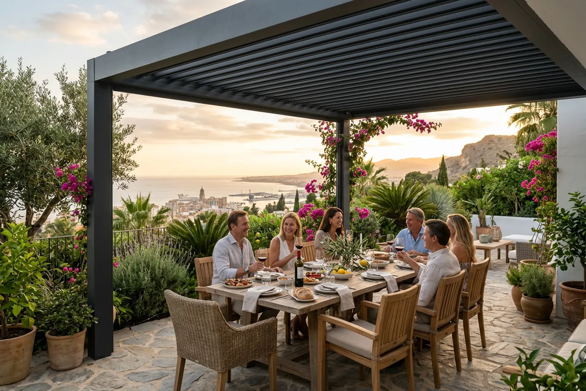 Fixed Pergolas setup on a Mediterranean terrace in Málaga, Costa del Sol