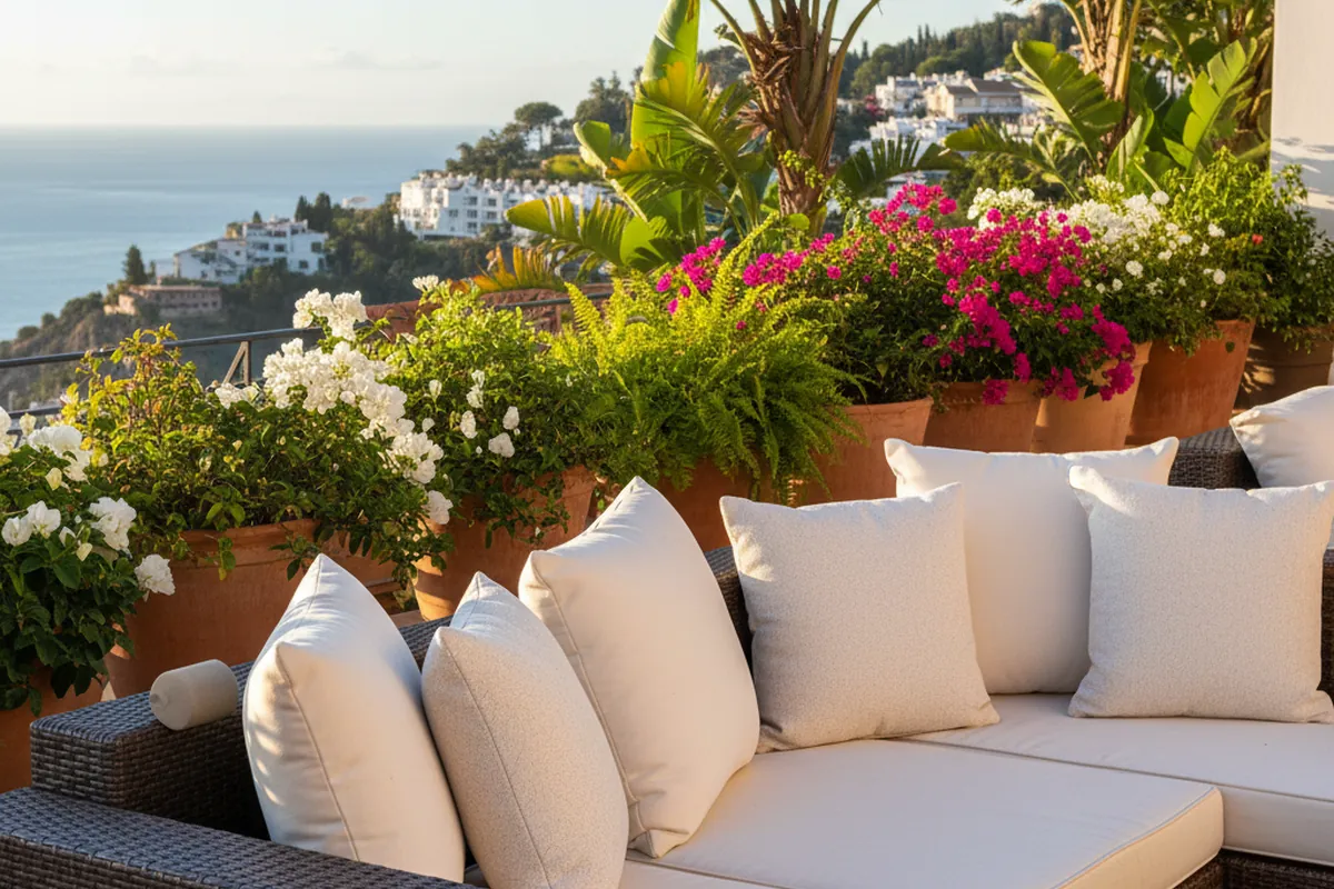 Outdoor Cushions & Textiles setup on a Mediterranean terrace in Málaga, Costa del Sol