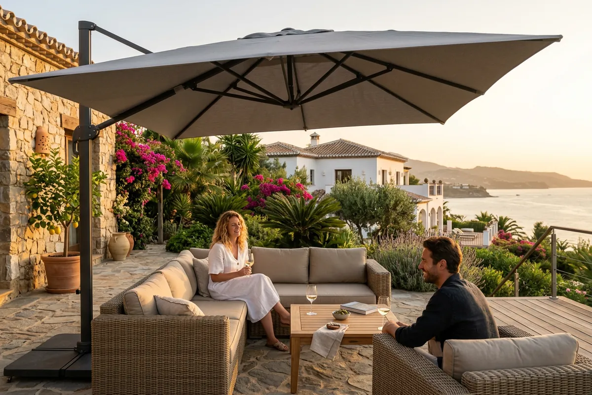 Parasols & Shade Sails setup on a Mediterranean terrace in Málaga, Costa del Sol