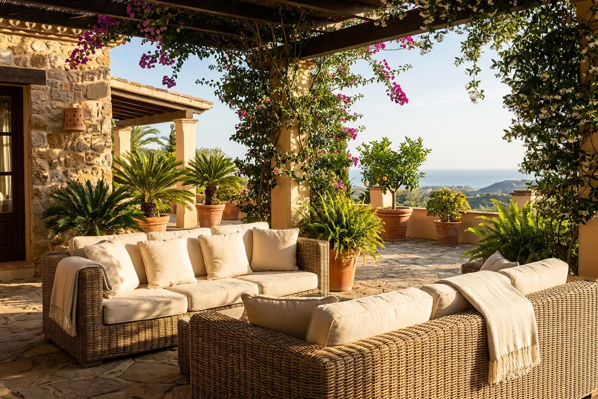 Rattan Lounge Sets setup on a Mediterranean terrace in Málaga, Costa del Sol