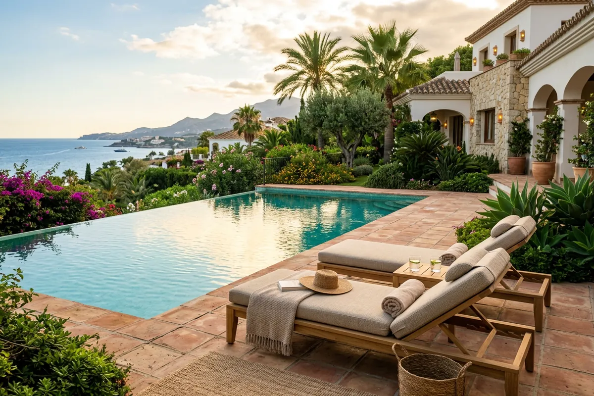 Sun Loungers & Daybeds setup on a Mediterranean terrace in Málaga, Costa del Sol