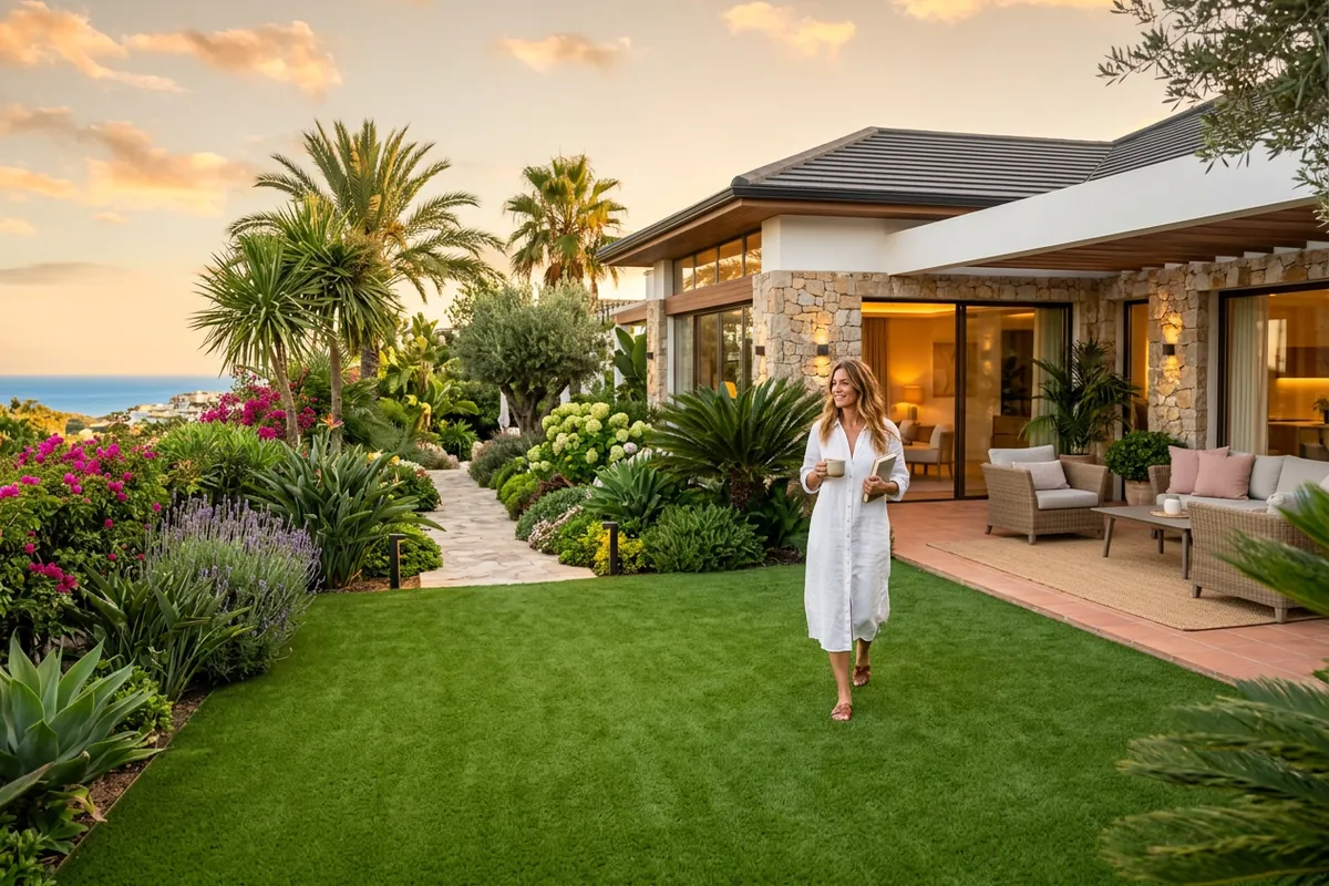 Artificial Grass & Landscaping setup on a Mediterranean terrace in Manilva, Costa del Sol