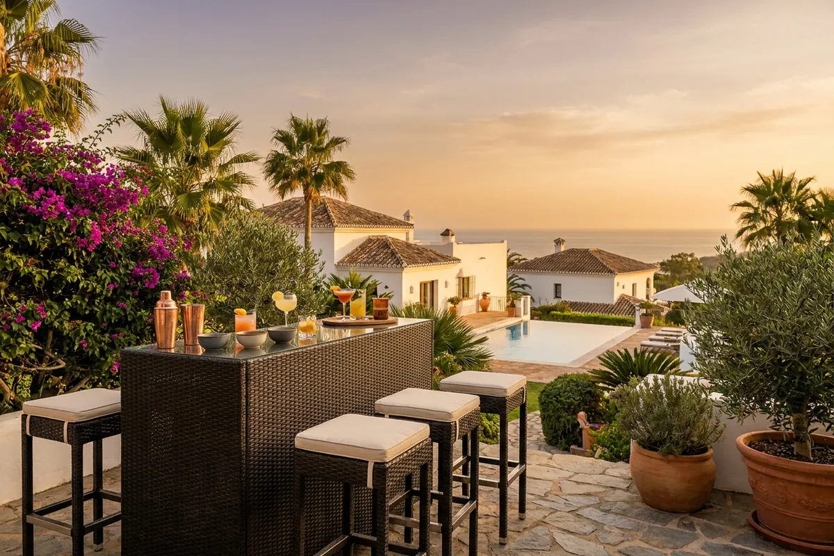 Outdoor Bar Furniture setup on a Mediterranean terrace in Manilva, Costa del Sol