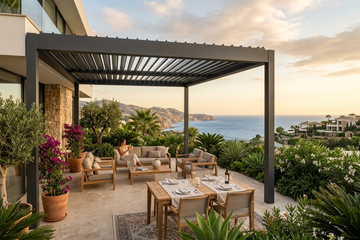 Bioclimatic Pergolas setup on a Mediterranean terrace in Manilva, Costa del Sol