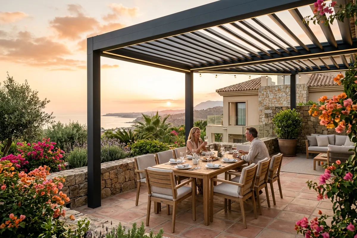 Fixed Pergolas setup on a Mediterranean terrace in Manilva, Costa del Sol