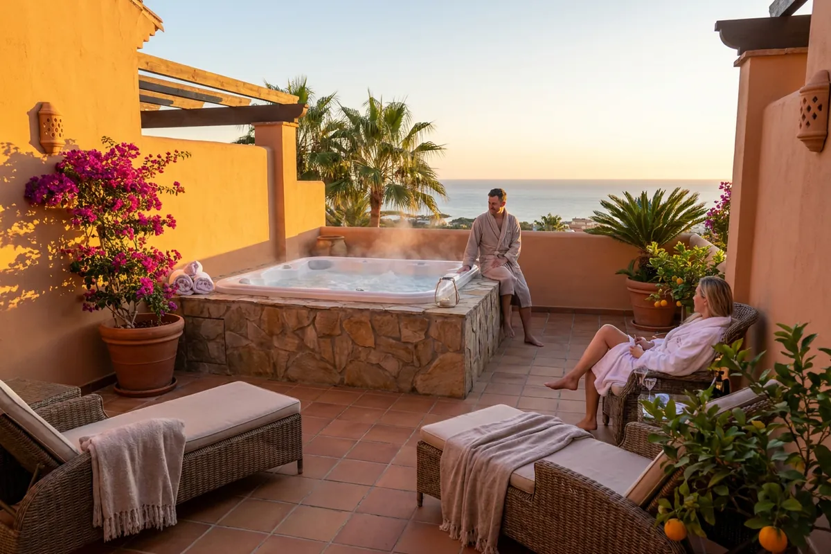 Hot Tubs & Swim Spas setup on a Mediterranean terrace in Manilva, Costa del Sol