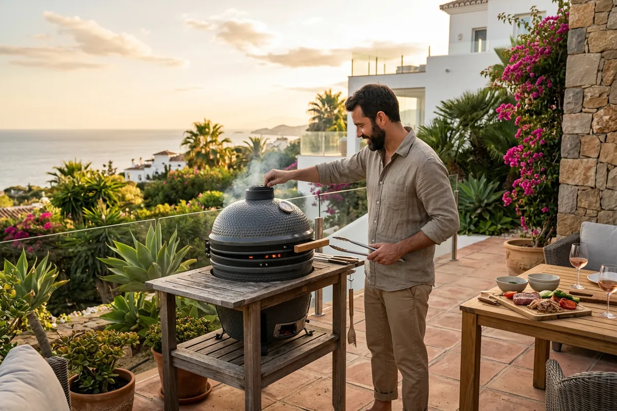 Kamado BBQs setup on a Mediterranean terrace in Manilva, Costa del Sol