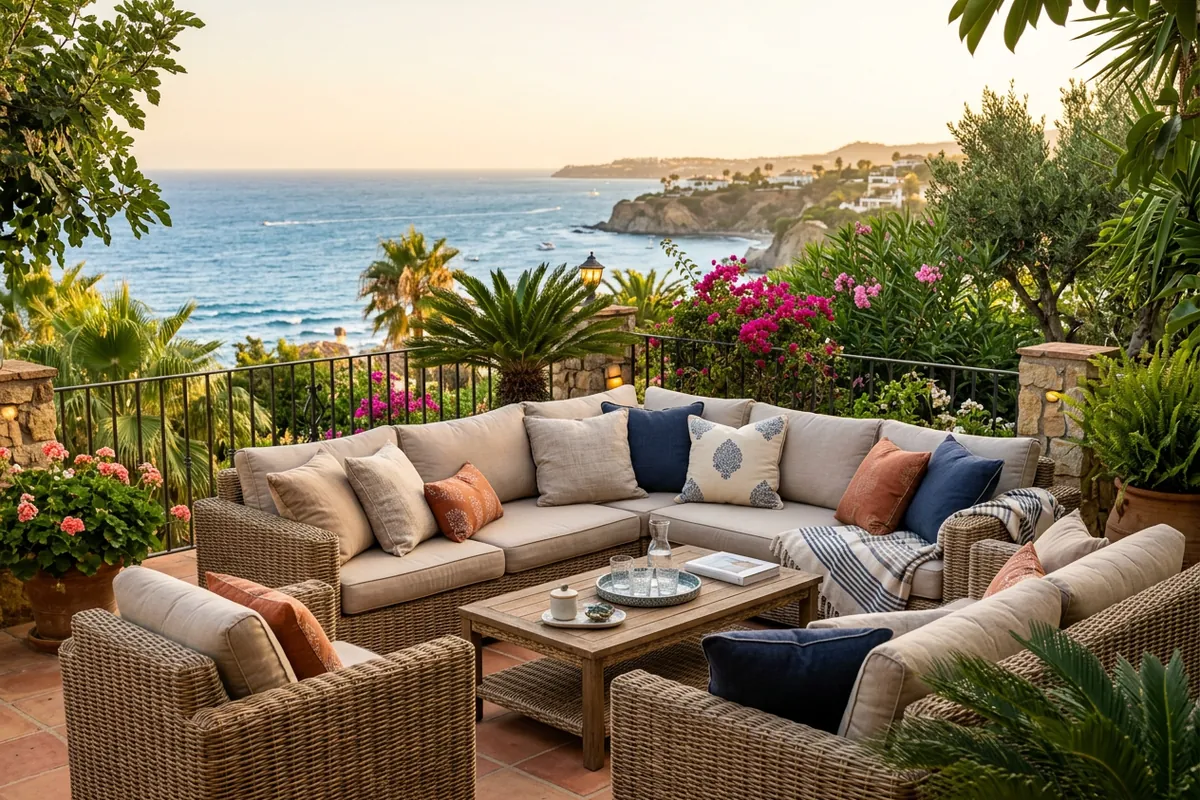 Outdoor Cushions & Textiles setup on a Mediterranean terrace in Manilva, Costa del Sol