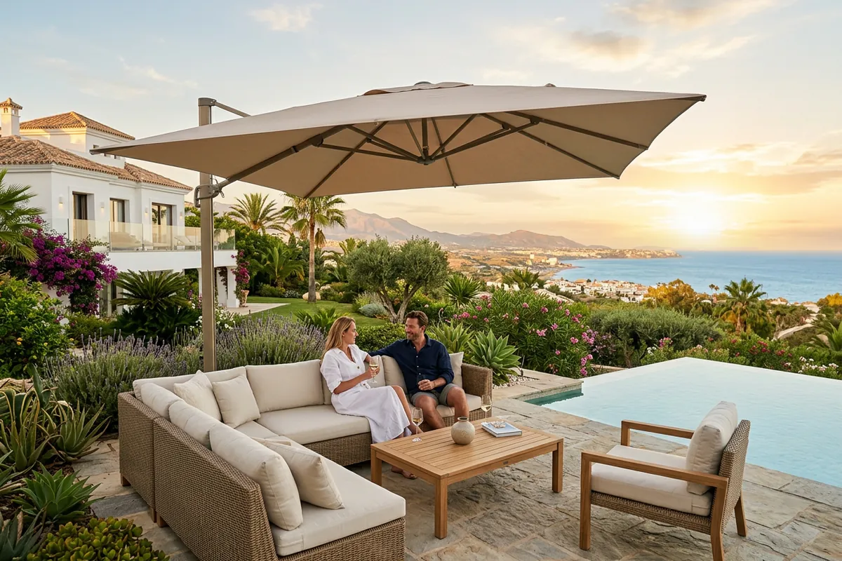 Parasols & Shade Sails setup on a Mediterranean terrace in Manilva, Costa del Sol