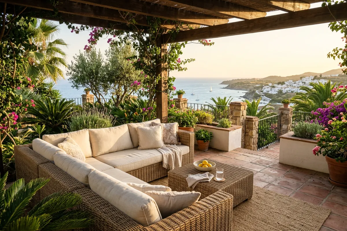 Rattan Lounge Sets setup on a Mediterranean terrace in Manilva, Costa del Sol
