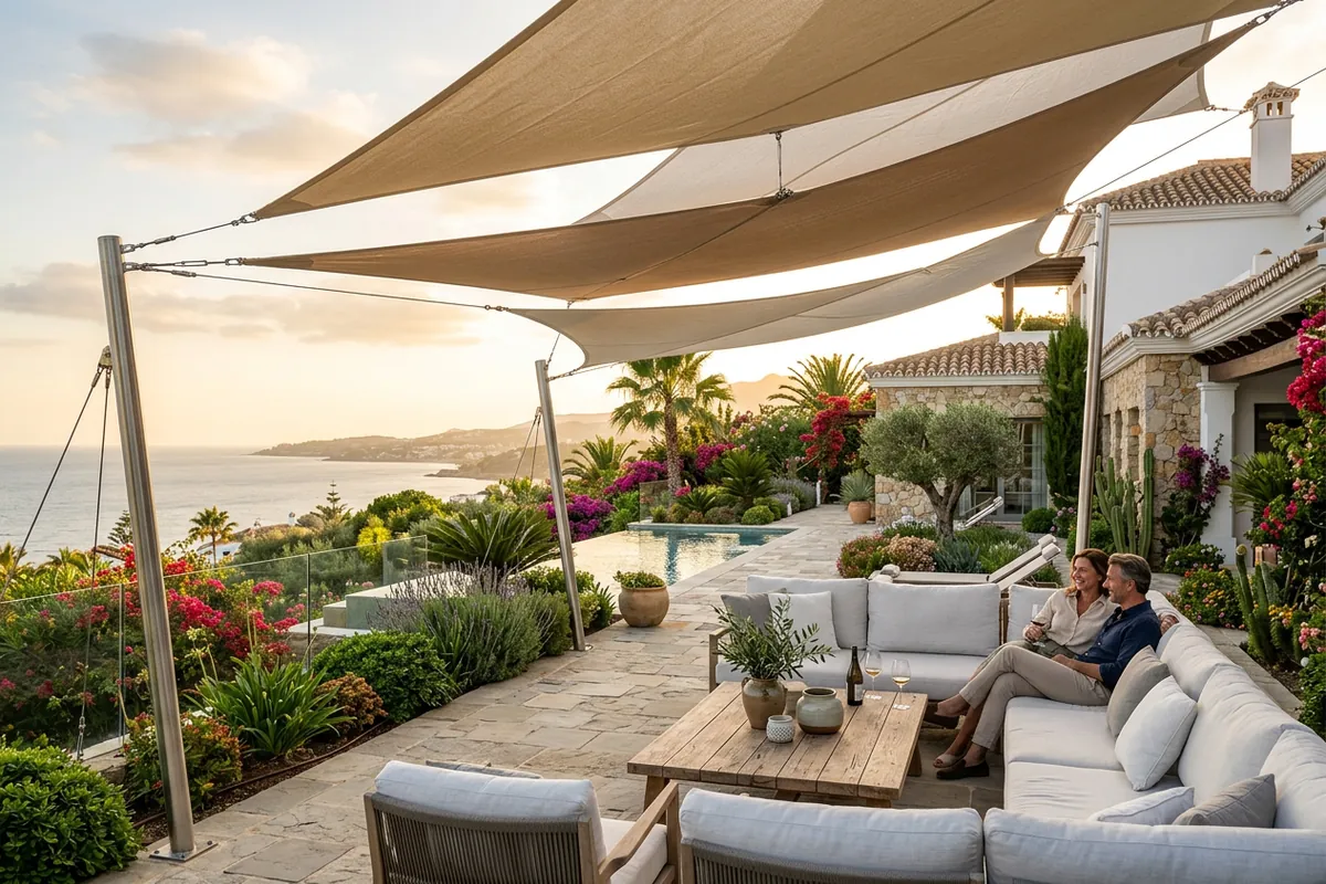 Shade Sails setup on a Mediterranean terrace in Manilva, Costa del Sol