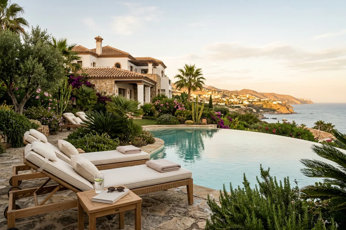 Sun Loungers & Daybeds setup on a Mediterranean terrace in Manilva, Costa del Sol