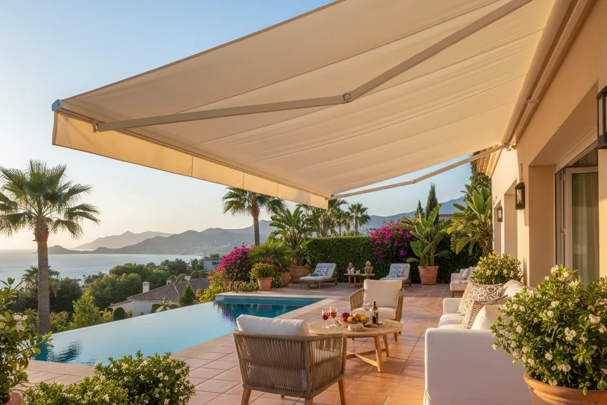 Awnings & Toldos setup on a Mediterranean terrace in Marbella, Costa del Sol