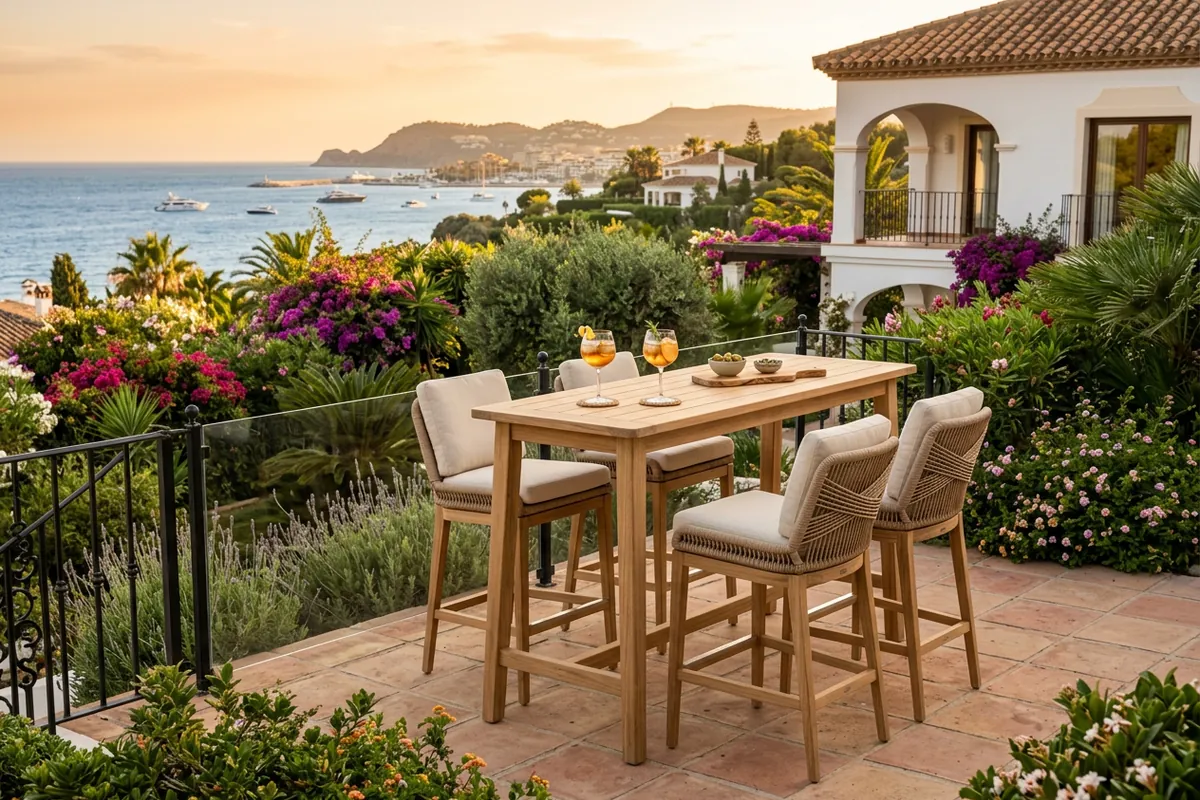 Outdoor Bar Furniture setup on a Mediterranean terrace in Marbella, Costa del Sol