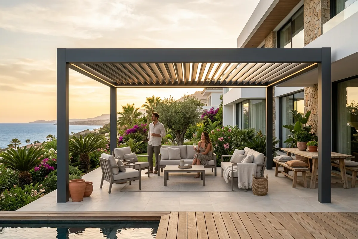 Bioclimatic Pergolas setup on a Mediterranean terrace in Marbella, Costa del Sol