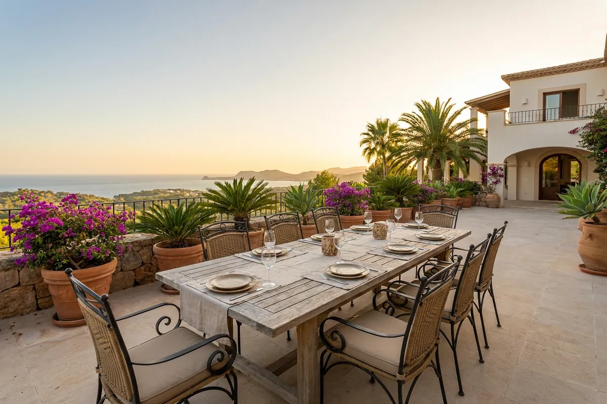 Outdoor Dining Sets setup on a Mediterranean terrace in Marbella, Costa del Sol
