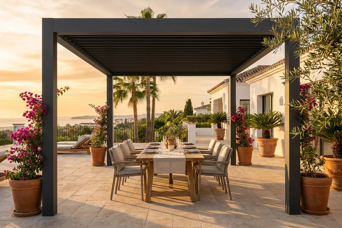 Fixed Pergolas setup on a Mediterranean terrace in Marbella, Costa del Sol
