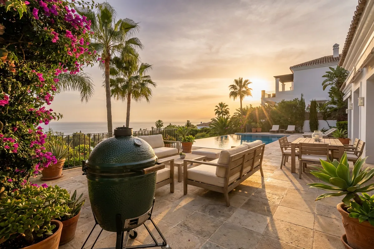 Kamado BBQs setup on a Mediterranean terrace in Marbella, Costa del Sol