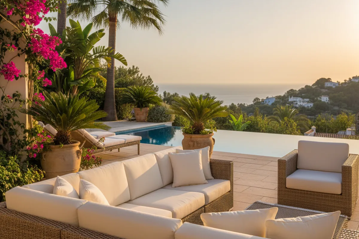 Outdoor Cushions & Textiles setup on a Mediterranean terrace in Marbella, Costa del Sol