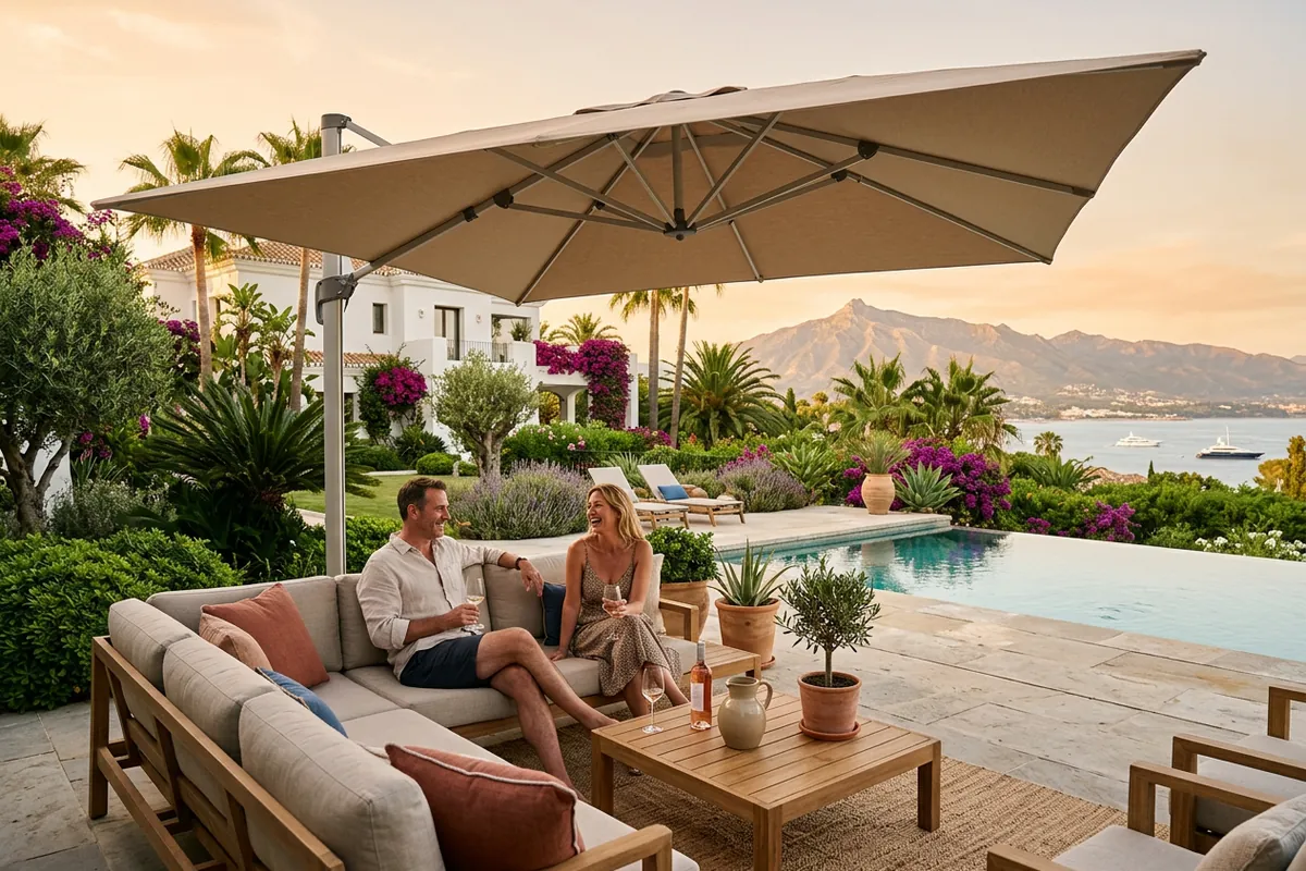 Parasols & Shade Sails setup on a Mediterranean terrace in Marbella, Costa del Sol