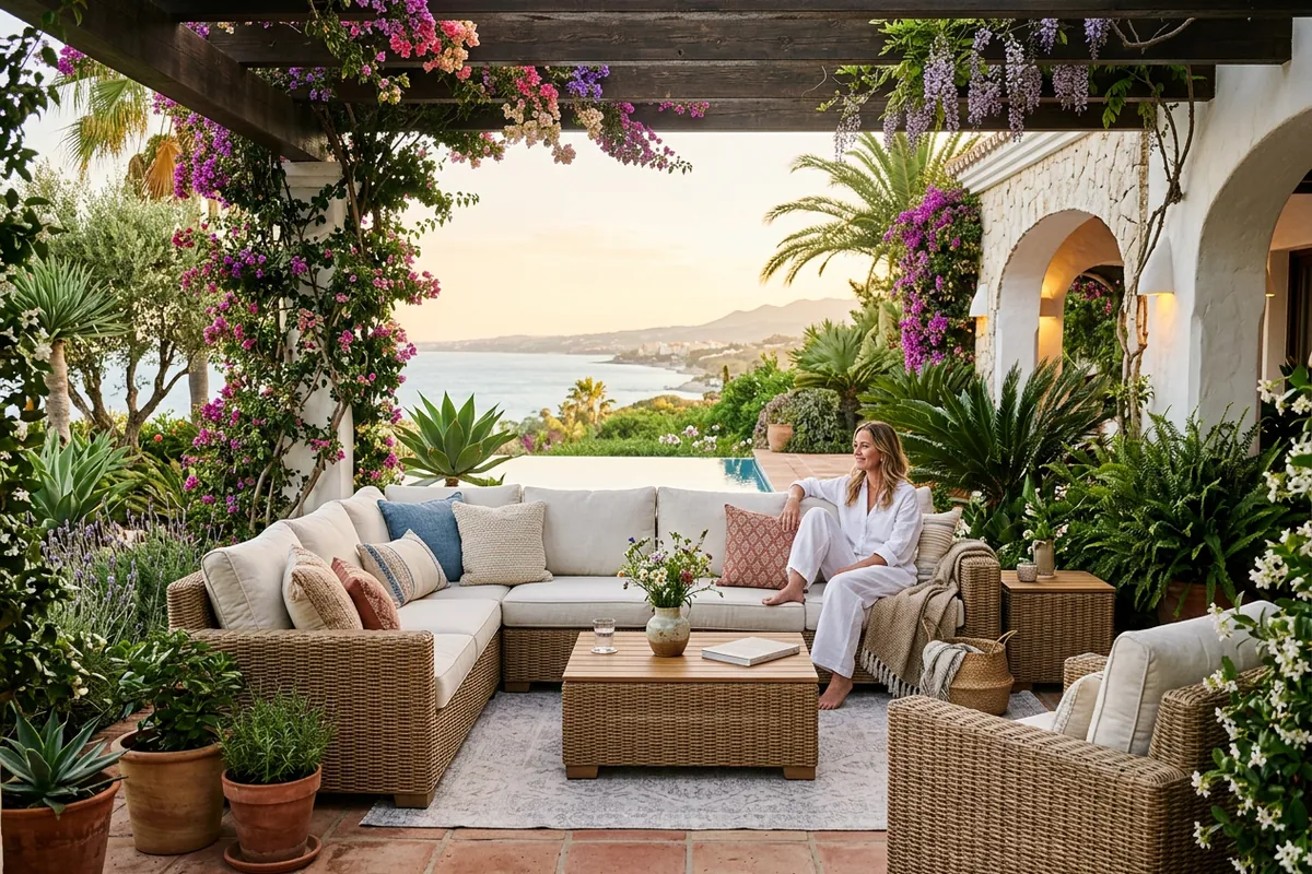 Rattan Lounge Sets setup on a Mediterranean terrace in Marbella, Costa del Sol