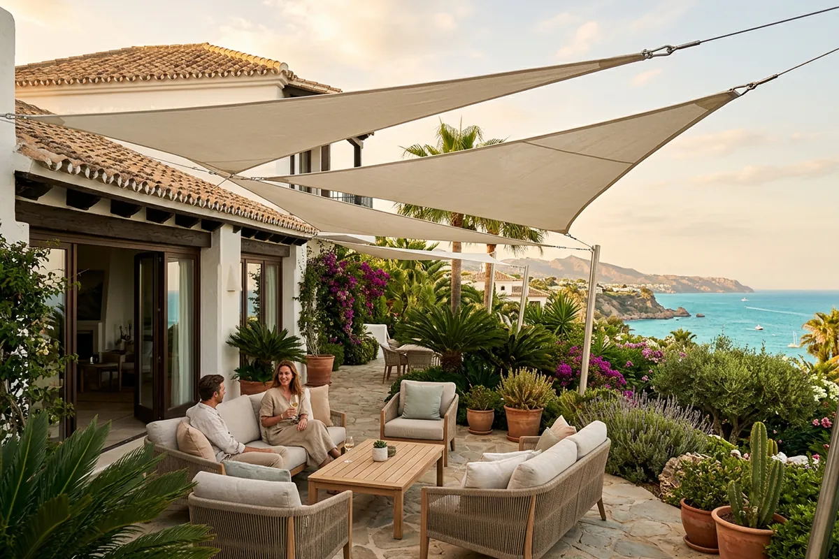 Shade Sails setup on a Mediterranean terrace in Marbella, Costa del Sol