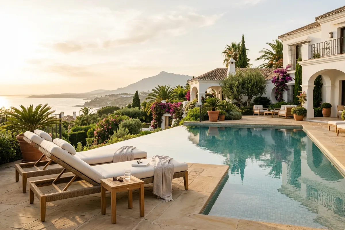 Sun Loungers & Daybeds setup on a Mediterranean terrace in Marbella, Costa del Sol